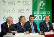 5 December 2014; In attendance at the announcement of the Irish Rugby Football Union, Irish Government and the Northern Ireland Executives' intention to submit a bid to host the 2023 Rugby World Cup in Ireland are, from left, Martin McGuinness MLA, deputy First Minister, Northern Ireland Executive; Peter Robinson MLA, First Minister, Northern Ireland Executive; Philip Browne, IRFU Chief Executive; and An Taoiseach Enda Kenny TD. Royal School, College Hill, Armagh. Picture credit: Oliver McVeigh / SPORTSFILE