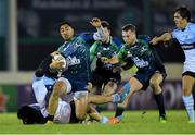 6 December 2014; Bundee Aki, Connacht, is tackled by Thibault Visensang, Bayonne. European Rugby Challenge Cup 2014/15, Pool 2, Round 3, Connacht v Bayonne, The Sportsground, Galway. Photo by Sportsfile