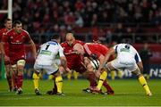 6 December 2014; Paul O'Connell, Munster, supported by BJ Botha, in action against Thomas Domingo and Damien Chouly, right, ASM Clermont Auvergne. European Rugby Champions Cup 2014/15, Pool 1, Round 3, Munster v ASM Clermont Auvergne, Thomond Park, Limerick. Picture credit: Diarmuid Greene / SPORTSFILE