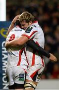 6 December 2014; Ruan Pienaar, Ulster, is congratulated by Franco van der Merwe after scoring his side's second try. European Rugby Champions Cup 2014/15, Pool 3, Round 3, Ulster v Scarlets, Kingspan Stadium, Ravenhill Park, Belfast, Co. Antrim. Picture credit: Oliver McVeigh / SPORTSFILE
