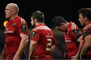 6 December 2014; Munster players, from left to right, Paul O'Connell, Duncan Casey, Peter O'Mahony, and CJ Stander react after defeat to ASM Clermont Auvergne. European Rugby Champions Cup 2014/15, Pool 1, Round 3, Munster v ASM Clermont Auvergne. Thomond Park, Limerick. Picture credit: Diarmuid Greene / SPORTSFILE