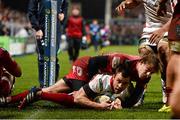 6 December 2014; Tommy Bowe, Ulster, goes over for his side's third try. European Rugby Champions Cup 2014/15, Pool 3, Round 3, Ulster v Scarlets, Kingspan Stadium, Ravenhill Park, Belfast, Co. Antrim. Picture credit: Oliver McVeigh / SPORTSFILE