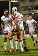6 December 2014; Rory Best, centre, Ulster, celebrates  with Ian Humphreys after scoring his sides fourth try. European Rugby Champions Cup 2014/15, Pool 3, Round 3, Ulster v Scarlets, Kingspan Stadium, Ravenhill Park, Belfast, Co. Antrim. Picture credit: Oliver McVeigh / SPORTSFILE