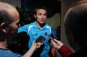 31 July 2007; Drogheda United's Brian Shelley speaking to journalists after a press conference ahead of their UEFA Cup second leg match against Libertas of San Marino on Thursday. Clarion Hotel Dublin Airport, Dublin Airport, Dublin. Photo by Sportsfile