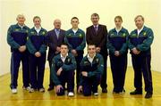 13 December 2003; The Irish junior handball team who will compete in the USHA Junior Handball Championships, Modesto, California, USA, are from left, Jimmy King, National Team Coach, Ashling Reilly, Antrim, Tony Carroll, O'Neills Sales Direct Manager, Richard Hogan, Kilkenny, Tony Hayes, President of the Handball Association, Maria Daly, Kerry, Sean McEntee, Team Coach, front left, Noel McHugh, Galway and Robart McCarthy, Westmeath. Picture credit; Matt Browne / SPORTSFILE