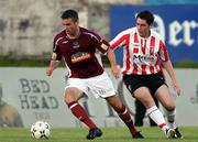 29 July 2007; Barry Moran, Galway United, in action against Ruaidhri Higgins, Derry City. eircom League of Ireland Premier Division, Derry City v Galway United, Brandywell, Derry. Picture credit; Oliver McVeigh / SPORTSFILE