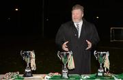 5 December 2014; Dr James Reilly TD and Minister for Children and Youth Affairs, speaking at the Late Night Leagues Dublin Metropolitan Region Finals, Irishtown Stadium, Ringsend, Dublin. Picture credit: Piaras O Midheach / SPORTSFILE