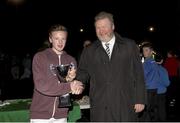 5 December 2014; Dr James Reilly TD and Minister for Children and Youth Affairs presents Eoin O'Neill, Crumlin United, with the trophy after his side won the Champions League under 16 competition. Late Night Leagues Dublin Metropolitan Region Finals, Irishtown Stadium, Ringsend, Dublin. Picture credit: Piaras O Midheach / SPORTSFILE