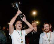 5 December 2014; Dan Duque, from Rush, celebrates with the cup after winning the Europa League over 16 competition. Late Night Leagues Dublin Metropolitan Region Finals, Irishtown Stadium, Ringsend, Dublin. Picture credit: Piaras O Midheach / SPORTSFILE