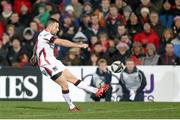 6 December 2014; Ian Humphreys, Ulster, kicks a conversion. European Rugby Champions Cup 2014/15, Pool 3, Round 3, Ulster v Scarlets, Kingspan Stadium, Ravenhill Park, Belfast, Co. Antrim. Picture credit: John Dickson / SPORTSFILE