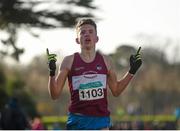 7 December 2014; Shane Hughes, Mullingar Harriers AC, crosses the finish line to win the Boy's U17 race at the GloHealth Novice and Juvenile Uneven Age Cross Country Championships. Santry Demesne, Santry, Dublin. Picture credit: Pat Murphy / SPORTSFILE