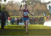 7 December 2014; Shane Hughes, Mullingar Harriers AC, celebrates as he makes his way to the finish line to win the Boy's U17 race at the GloHealth Novice and Juvenile Uneven Age Cross Country Championships. Santry Demesne, Santry, Dublin. Picture credit: Pat Murphy / SPORTSFILE