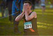 7 December 2014; Brian Flanagan, Clonliffe Harriers AC, reacts after finishing in second place in the Boy's U19 race at the GloHealth Novice and Juvenile Uneven Age Cross Country Championships. Santry Demesne, Santry, Dublin. Picture credit: Pat Murphy / SPORTSFILE