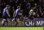 7 December 2014; Aseli Tikoirotuma, Harlequins, races clear to score his side's second try. European Rugby Champions Cup 2014/15, Pool 2, Round 3, Harlequins v Leinster. Twickenham Stoop, Twickenham, London, England. Picture credit: Stephen McCarthy / SPORTSFILE