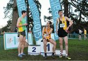 7 December 2014; Race winner Ben Thistlewood, Leevale AC, centre, in conversation with second placed Thomas Moran, Meath, left, and third placed Thomas Hayes, Kilkenny City Harriers AC, right, as they wait to receive their medals after the Novice Men's race at the GloHealth Novice and Juvenile Uneven Age Cross Country Championships. Santry Demesne, Santry, Dublin. Picture credit: Pat Murphy / SPORTSFILE