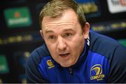 9 December 2014; Leinster skills and kicking coach Richie Murphy during a press conference ahead of their European Champions Cup, Pool 2, match against Harlequins on Saturday. Leinster Rugby Press Conference, Leinster Rugby HQ, UCD, Belfield, Dublin. Picture credit: Pat Murphy / SPORTSFILE