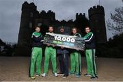 9 December 2014; Ireland cricketers, from left, Tim Murtagh, Max Sorensen, John Mooney, and Andy Balbirnie, with head coach Phil Simmons, centre, at the launch of &quot;Be Part of the 10,000&quot; for the one day international cricket match between Ireland and England, which is taking place at Malahide on Friday May 8th 2015. Malahide Castle, Dublin. Photo by Sportsfile