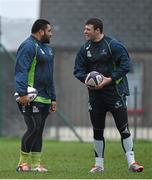 9 December 2014; Connacht's Rodney Ah You, left, and Robbie Henshaw in conversation during squad training ahead of their European Rugby Challenge Cup match against Bayonne on Saturday. Connacht Rugby Squad Training, The Sportsground, Galway. Picture credit: Diarmuid Greene / SPORTSFILE