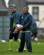 9 December 2014; Connacht's Bundee Aki, right, and Mils Muliaina share a laugh during squad training ahead of their European Rugby Challenge Cup match against Bayonne on Saturday. Connacht Rugby Squad Training, The Sportsground, Galway. Picture credit: Diarmuid Greene / SPORTSFILE
