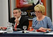 9 December 2014; Roisin Jordan, outgoing vice chairperson of the Tyrone GAA County Board, and Ciaran McLaughlin, outgoing chairman of the Tyrone GAA County Board, before the Tyrone GAA Convention 2014. Garvaghey Centre, Garvaghey, Co. Tyrone. Picture credit: Oliver McVeigh / SPORTSFILE