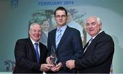 10 December 2014; February award winner Brian Nugent, head coach Cycling Ireland, is presented with his award by Minister of State for Tourism and Sport, Michael Ring T.D, left, and Cel O'Reilly, Managing Director, Philips Electronics Ireland. Philips Sports Manager of the Year 2014, Shelbourne Hotel, Dublin. Picture credit: Matt Browne / SPORTSFILE
