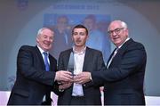 10 December 2014; December award winner Tom Mullally, Mount Leinster Rangers and Carlow manager, is presented with his award by Minister of State for Tourism and Sport, Michael Ring T.D, left, and Cel O'Reilly, Managing Director, Philips Electronics Ireland. Philips Sports Manager of the Year 2014, Shelbourne Hotel, Dublin. Picture credit: Matt Browne / SPORTSFILE