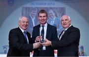 10 December 2014; October award winner Stephen Kenny, Dundalk FC manager, is presented with his award by Minister of State for Tourism and Sport, Michael Ring T.D, left, and Cel O'Reilly, Managing Director, Philips Electronics Ireland. Philips Sports Manager of the Year 2014, Shelbourne Hotel, Dublin. Picture credit: Matt Browne / SPORTSFILE