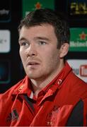10 December 2014; Munster captain Peter O'Mahony speaking during a press conference ahead of their European Rugby Champions Cup 2014/15, Pool 1, Round 4, match against ASM Clermont Auvergne on Sunday. Munster Rugby Press Conference, Castletroy Park Hotel, Limerick. Picture credit: Diarmuid Greene / SPORTSFILE