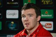 10 December 2014; Munster captain Peter O'Mahony speaking during a press conference ahead of their European Rugby Champions Cup 2014/15, Pool 1, Round 4, match against ASM Clermont Auvergne on Sunday. Munster Rugby Press Conference, Castletroy Park Hotel, Limerick. Picture credit: Diarmuid Greene / SPORTSFILE