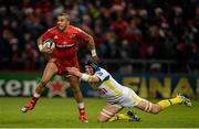 6 December 2014; Simon Zebo, Munster, is tackled by Julien Bonnaire, ASM Clermont Auvergne. European Rugby Champions Cup 2014/15, Pool 1, Round 3, Munster v ASM Clermont Auvergne, Thomond Park, Limerick. Picture credit: Brendan Moran / SPORTSFILE
