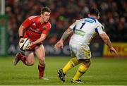 6 December 2014; Ian Keatley, Munster, in action against Thomas Domingo, ASM Clermont Auvergne. European Rugby Champions Cup 2014/15, Pool 1, Round 3, Munster v ASM Clermont Auvergne, Thomond Park, Limerick. Picture credit: Brendan Moran / SPORTSFILE