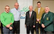 11 December 2014; The Olympic Council of Ireland has announced the Team Ireland Leaders for Rio 2016 Olympic Games. Among the 17 Team Ireland Leaders are European Ryder Cup captain Paul McGinley, Golf, Kevin Ankrom, Athletics, Joseph Hennigan, Boxing, Brian Nugent, Cycling, Sally Filmer, Gymnastics, Mike Heskin, Hockey and Peter Banks, Swimming. Michael Ring, T.D., Minister of State for Sport and Tourism, also announced a special allocation of €1million to support qualification, preparation and participation for the Rio 2016 Olympic and Paralympic Games. In attendance at the announcement are Team leaders, from left, Paul McGinley, Golf, Peter Banks, Swimming, Kevin Ankrom, Athletics and Joe Hennigan, Boxing with Pat Hickey, centre, President, Olympic Council of Ireland. Westbury Hotel, Dublin Picture credit: Brendan Moran / SPORTSFILE