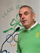 11 December 2014; The Olympic Council of Ireland has announced the Team Ireland Leaders for Rio 2016 Olympic Games. Among the 17 Team Ireland Leaders are European Ryder Cup captain Paul McGinley, Golf, Kevin Ankrom, Athletics, Joseph Hennigan, Boxing, Brian Nugent, Cycling, Sally Filmer, Gymnastics, Mike Heskin, Hockey and Peter Banks, Swimming. Michael Ring, T.D., Minister of State for Sport and Tourism, also announced a special allocation of €1million to support qualification, preparation and participation for the Rio 2016 Olympic and Paralympic Games. In attendance at the announcement is European Ryder Cup captain and Ireland Team Leader for Golf in Rio 2016 Paul McGinley. Westbury Hotel, Dublin Picture credit: Brendan Moran / SPORTSFILE
