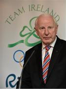 11 December 2014; The Olympic Council of Ireland has announced the Team Ireland Leaders for Rio 2016 Olympic Games. Among the 17 Team Ireland Leaders are European Ryder Cup captain Paul McGinley, Golf, Kevin Ankrom, Athletics, Joseph Hennigan, Boxing, Brian Nugent, Cycling, Sally Filmer, Gymnastics, Mike Heskin, Hockey and Peter Banks, Swimming. Michael Ring, T.D., Minister of State for Sport and Tourism, also announced a special allocation of €1million to support qualification, preparation and participation for the Rio 2016 Olympic and Paralympic Games. In attendance at the announcement is Pat Hickey, President, Olympic Council of Ireland. Westbury Hotel, Dublin Picture credit: Brendan Moran / SPORTSFILE
