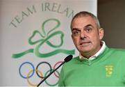 11 December 2014; The Olympic Council of Ireland has announced the Team Ireland Leaders for Rio 2016 Olympic Games. Among the 17 Team Ireland Leaders are European Ryder Cup captain Paul McGinley, Golf, Kevin Ankrom, Athletics, Joseph Hennigan, Boxing, Brian Nugent, Cycling, Sally Filmer, Gymnastics, Mike Heskin, Hockey and Peter Banks, Swimming. Michael Ring, T.D., Minister of State for Sport and Tourism, also announced a special allocation of €1million to support qualification, preparation and participation for the Rio 2016 Olympic and Paralympic Games. In attendance at the announcement is European Ryder Cup captain and Ireland Team Leader for Golf in Rio 2016 Paul McGinley. Westbury Hotel, Dublin Picture credit: Brendan Moran / SPORTSFILE