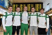 12 December 2014; Members of the Ireland Junior Men's team, from left to right, Rick Nally, Jack O’Leary, David Harper, Kevin Mulcaire and Con Doherty, ahead of departing for the Spar European Cross Country Championships in Samokov, Bulgaria. Dublin Airport, Dublin. Picture credit: Ramsey Cardy / SPORTSFILE