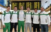 12 December 2014; Members of the Ireland Junior Men's team, from left to right, Rick Nally, Jack O’Leary, David Harper, Kevin Mulcaire and Con Doherty, with Junior Men's Team Leader Joe Ryan, extreme right, ahead of departing for the Spar European Cross Country Championships in Samokov, Bulgaria. Dublin Airport, Dublin. Picture credit: Ramsey Cardy / SPORTSFILE