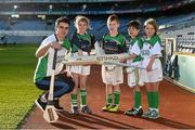 12 December 2014; Dublin hurler Danny Sutcliffe with eight year old stars of the future Aishling Trainor, Aaron Dalton, Jason Gallagher and Aoife Penrose, from Holy Trinity Senior National School, Donaghmede, at the launch of the GAA World Games sponsored by Etihad Airways. Croke Park, Dublin. Picture credit: Ray McManus / SPORTSFILE