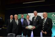 5 December 2014; In attendance at the announcement of the Irish Rugby Football Union, Irish Government and the Northern Ireland Executives' intention to submit a bid to host the 2023 Rugby World Cup in Ireland are, from left: Stephen Hilditch, IRFU Vice President; Tom Grace, IRFU Honorary Treasurer; Philip Browne, IRFU Chief Executive; An Taoiseach Enda Kenny TD; Louis Magee, IRFU President; and Martin O'Sullivan, IRFU Vice President. Royal School, College Hill, Armagh. Picture credit: Oliver McVeigh / SPORTSFILE