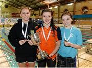12 December 2014; Medallists in the Women's 800m Freestyle, from left, Therese Corry, silver, Portmarnock swimming club, Antoinnette Neamt, gold, Tallaght swimming club, and Shona Hickey, bronze, Limerick swimming club, at the Irish Short Course Swimming Championships Day 1. Lagan Valley LeisurePlex, Lisburn, Co. Antrim. Picture credit: Oliver McVeigh / SPORTSFILE