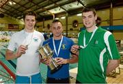 12 December 2014; Medallists in the Men's 50m Freestyle, from left, Calum Bain, silver, Cookstown swimming club, Jamie Graham, gold, Bangor swimming club, and Curtis Coulter, bronze, Ards swimming club, at the Irish Short Course Swimming Championships Day 1. Lagan Valley LeisurePlex, Lisburn, Co. Antrim. Picture credit: Oliver McVeigh / SPORTSFILE