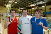12 December 2014; Medallists in the Men's 100m Individual Medley, from left, Alan Corby, silver, Limerick swimming club, Cian Duffy, gold, Galway swimming club, and Gerry Quinn, bronze, Longford swimming club, at the Irish Short Course Swimming Championships Day 1. Lagan Valley LeisurePlex, Lisburn, Co. Antrim. Picture credit: Oliver McVeigh / SPORTSFILE