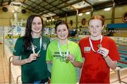 12 December 2014; Medallists in the Women's 50m backstroke, from left, Kate Kavanagh, silver, Galway swimming club, Emma Cassidy, gold, Sunday's Well swimming club, and Danielle Hill, bronze, Larne swimming club, at the Irish Short Course Swimming Championships Day 1. Lagan Valley LeisurePlex, Lisburn, Co. Antrim. Picture credit: Oliver McVeigh / SPORTSFILE