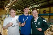 12 December 2014; Medallists in the Men's 100m Butterfly, from left, Cian Duffy, silver, Galway swimming club, Brendan Hyland, gold, Tallaght swimming club, and David O'Sullivan, bronze, Galway swimming club, at the Irish Short Course Swimming Championships Day 1. Lagan Valley LeisurePlex, Lisburn, Co. Antrim. Picture credit: Oliver McVeigh / SPORTSFILE