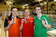 12 December 2014; Medallists in the Women's 200m Individual Medley, from left, Antoinnette Neamt, bronze, Tallaght swimming club, Bethany Carson, gold, Lisburn swimming club, and Bethany Firth, silver, Ards swimming club, at the Irish Short Course Swimming Championships Day 1. Lagan Valley LeisurePlex, Lisburn, Co. Antrim. Picture credit: Oliver McVeigh / SPORTSFILE