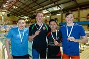 12 December 2014; Medallists in the Men's 400m Freestyle, from left , Brendan Gibbons, silver, Athlone swimming club, Bernard Cahill, gold, Ennis swimming club, and Juilan Chan and Brendan Hyland, bronze, Tallaght swimming club, at the Irish Short Course Swimming Championships Day 1. Lagan Valley LeisurePlex, Lisburn, Co. Antrim. Picture credit: Oliver McVeigh / SPORTSFILE