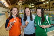 12 December 2014; Medallists in the Women's 200m Butterfly, from left, Clodagh Flood, silver, Tallaght swimming club, Sarah Kelly, gold, Claremorris swimming club, and Emma Reid, bronze, Ards swimming club, at the Irish Short Course Swimming Championships Day 1. Lagan Valley LeisurePlex, Lisburn, Co. Antrim. Picture credit: Oliver McVeigh / SPORTSFILE