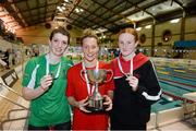 12 December 2014; Medallists in the Women's 100m Freestyle, from left, Bethany Firth, silver, Ards swimming club, Bethany Carson, gold, Lisburn swimming club, and Danielle Hill, bronze, Larne swimming club, at the Irish Short Course Swimming Championships Day 1. Lagan Valley LeisurePlex, Lisburn, Co. Antrim. Picture credit: Oliver McVeigh / SPORTSFILE