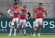 13 December 2014; Plymouth Albion's Ben Foley, left, Josh Davies, centre, and Sam Matavesi at the final whistle. British & Irish Cup Round 6. Leinster A v Plymouth Albion, Donnybrook Stadium, Donnybrook, Dublin.  Picture credit: Pat Murphy / SPORTSFILE