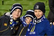 13 December 2014; Pictured from left are Leinster supporters Ronan McNamara, aged 7, from Deansgrange, Patrick Brennan, aged 8, from Blackrock and Leith Handan, aged 8, from Rathfarnham, ahead of the game. European Rugby Champions Cup 2014/15, Pool 2, Round 4, Leinster v Harlequins. Aviva Stadium, Lansdowne Road, Dublin. Photo by Sportsfile
